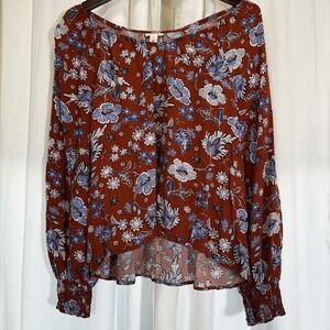 ANA A New Approach Rustic Boho Floral Print Long Sleeve Smocked Peasant Blouse L